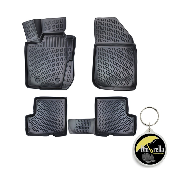 Set 4 covorase auto cauciuc tip tavita Premium Line 3D pentru Dacia Duster 4X2 Prestige 2017-2022 si breloc Umbrella