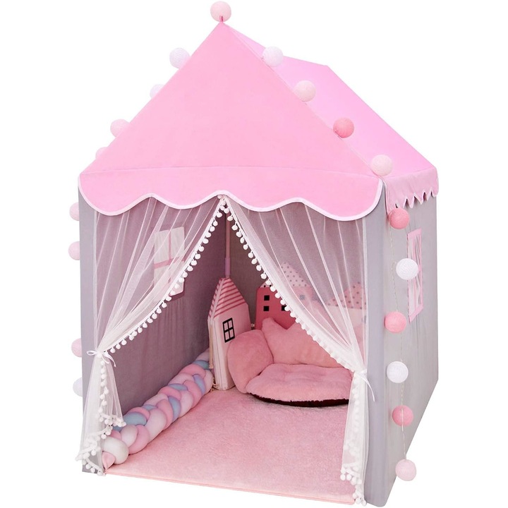 Cort de joaca model casuta pentru copii cu lumini, Zola®, ferestre, gri cu roz, 130 x 100 x 115 cm