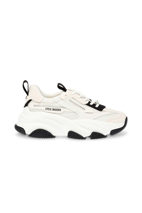 Steve Madden, Pantofi sport cu insertii de plasa Possession-E, Alb/Negru/Bej deschis
