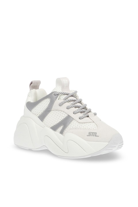 Steve Madden, Pantofi sport cu talpa wedge si insertii din piele intoarsa Bounce, Alb, Argintiu, 40