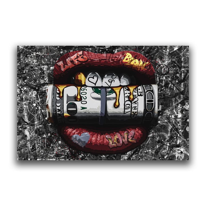Първокласна картина на платно, LuxCanva® B1047, Червени устни, 40 X 60 CM, 100% памучно платно 400g/m2, Дървено шаси, Спалня, Всекидневна, Долари, Червено, Устни, Чувственост, Многоцветни, Живи цветове