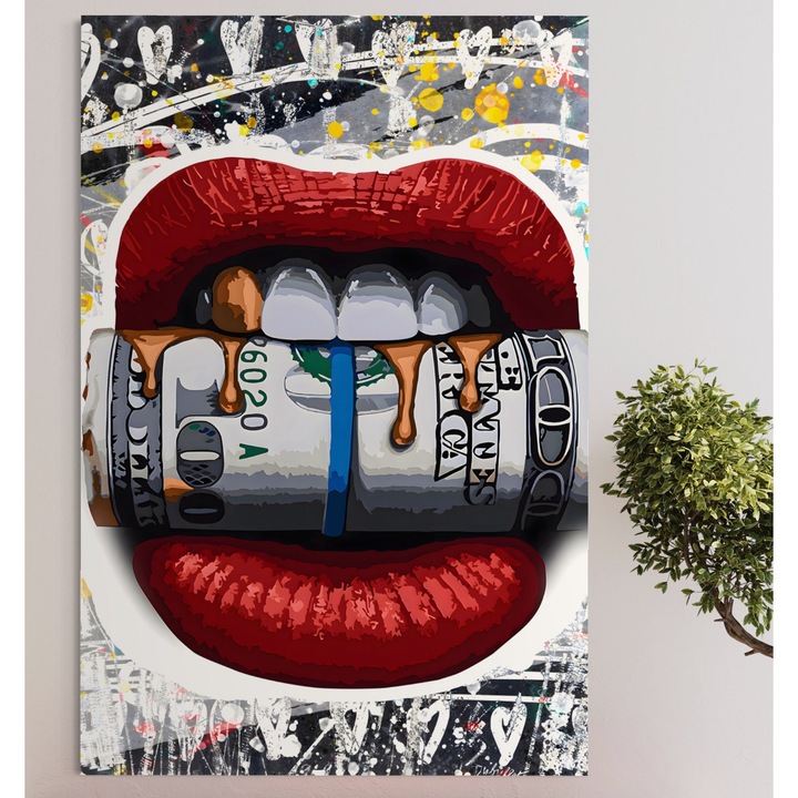 Премиум картина върху платно, LuxCanva® B1049, Доларови устни, 100 X 155 см, 100% памучно платно 400 г/м2, дървена рамка, хол, пари, финанси, устни, червено, цветно, ярки цветове