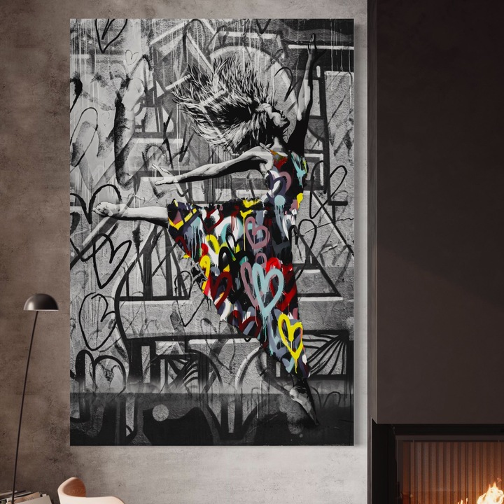 Премиум картина върху платно, LuxCanva® A1193, Красиво момиче, 100 X 150 см, 100% памучно платно 400 г/м2, дървена рамка, тоалетка, балерина, цветни сърца, танцьорка, хол, ярки цветове