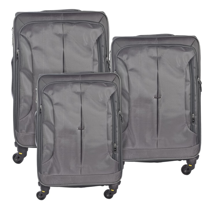 Set 3 trolere voiaj, Naimeed D5589, 4 roti duble 360 grade, material impermeabil, inchidere cifru, Gri