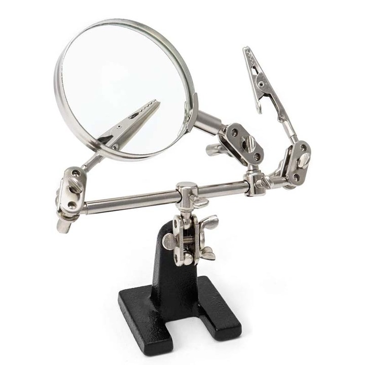 Suport pentru lipit cu lupa si clestisoare, Fixpoint, Marire reglabila de 5x, Negru