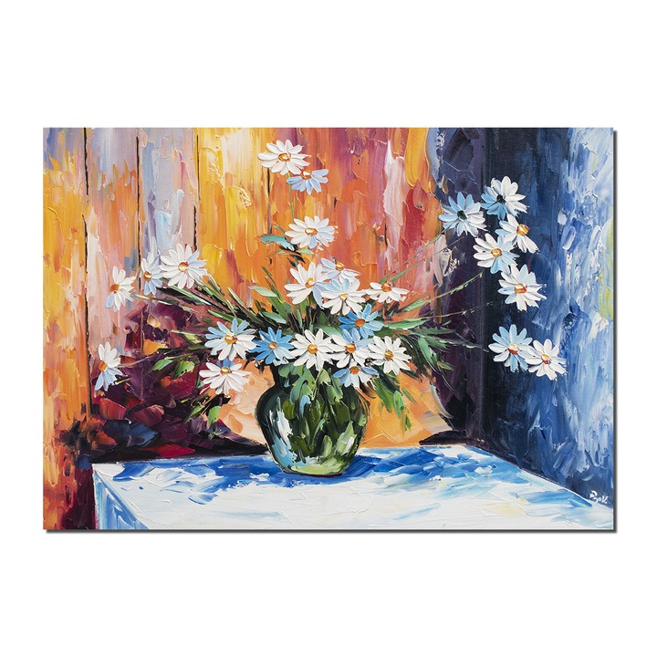 Tablou pictat manual living, hol, birou, dormitor, Margaretele mele, 70x50cm ulei pe panza in cutit efect 3D