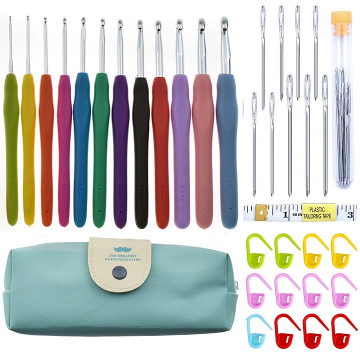 Set 35 produse de crosetat cu geanta depozitare, oein®, maner silicon, marimi 2-8 mm, Multicolor