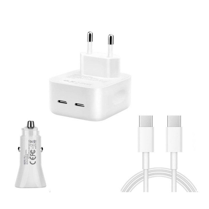 Pachet, Incarcator Fast Charge 40W dual usb C, pentru iPhone 15pro, 15 Pro Max, Cablu de date 2m USB-C - C 60w, Adaptor auto USB-C, 20W, QUANDES®
