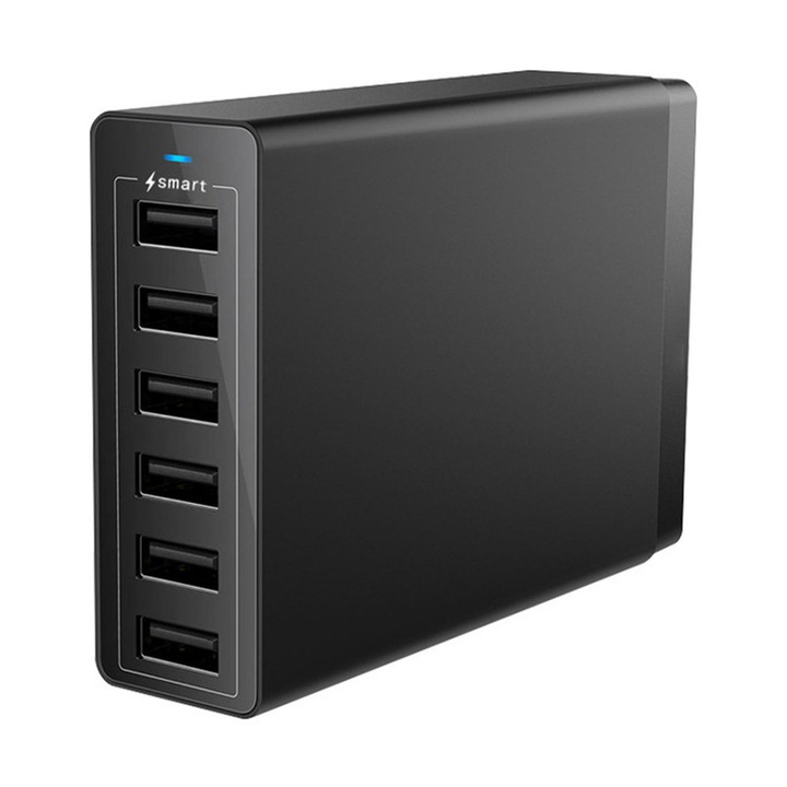 Incarcator Retea, oein®, 50W Fast Charge, 6 x USB, Compatibil Laptop, iPhone, Huawei, Samsung, Negru