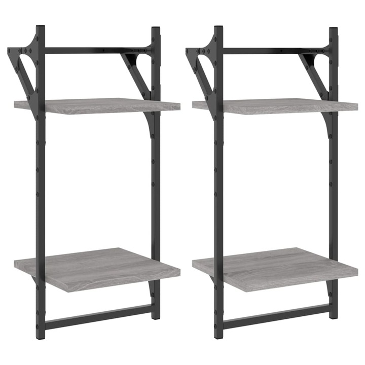 VidaXL 2 db 2 szintes szürke sonoma tölgy falipolc rúddal 30x25x65 cm 836256