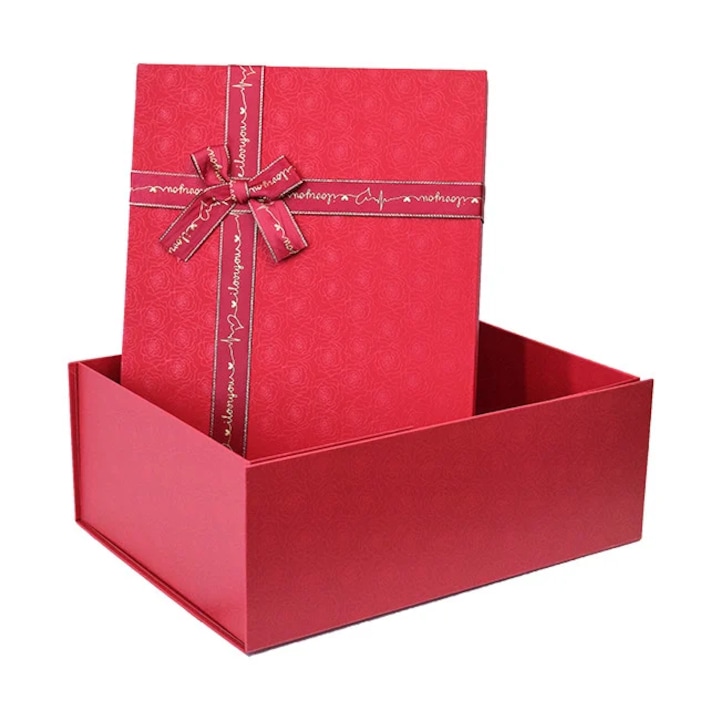 Подаръчна кутия с фин флорален принт - 33 x 24,5 x 12, червена, кадифена