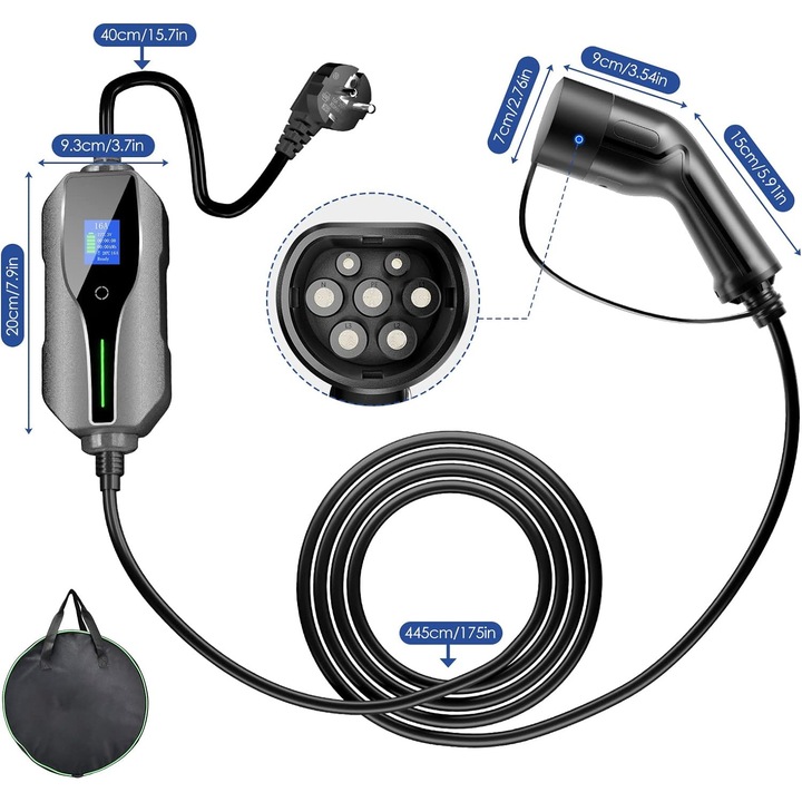 Incarcator EV pentru masina electrica, statie de incarcare portabila cu cablu Type 2, 3.68 kW, 6-16A, 220-250V, cu afisaj digital, cablu 8 m lungime, IP67, Standard IEC 62196-2