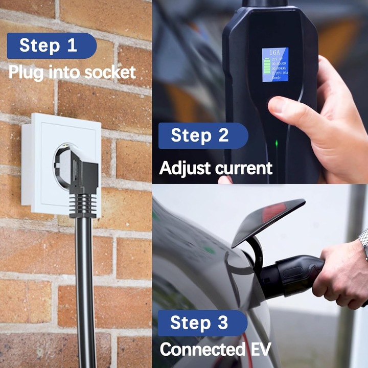 Incarcator EV pentru masina electrica, statie de incarcare portabila cu cablu Type 2, 3.68 kW, 6-16A, 220-250V, cu afisaj digital, cablu 8 m lungime, IP67, Standard IEC 62196-2