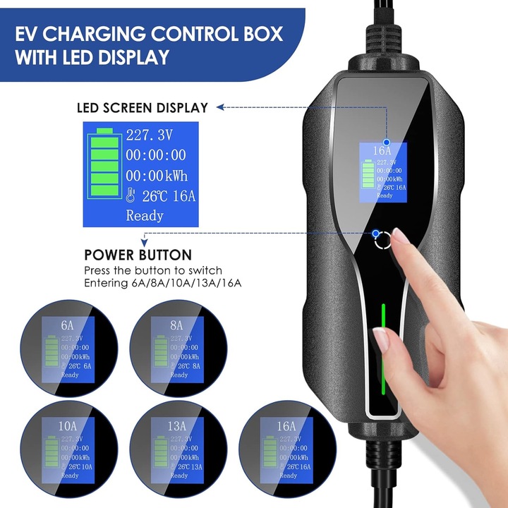 Incarcator EV pentru masina electrica, statie de incarcare portabila cu cablu Type 2, 3.68 kW, 6-16A, 220-250V, cu afisaj digital, cablu 8 m lungime, IP67, Standard IEC 62196-2