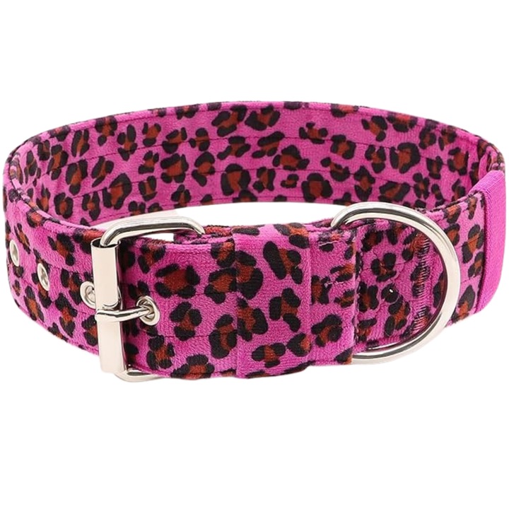 Zgarda tactica pentru caini, 5 cm latime, din catifea, nailon si neopren, cu catarama metalica cu eliberare rapida, inel in D din inox, 4 puncte reglabile, marimea M, 42-51 cm, ideala pentru utilizare zilnica, antrenament sau dresaj, roz