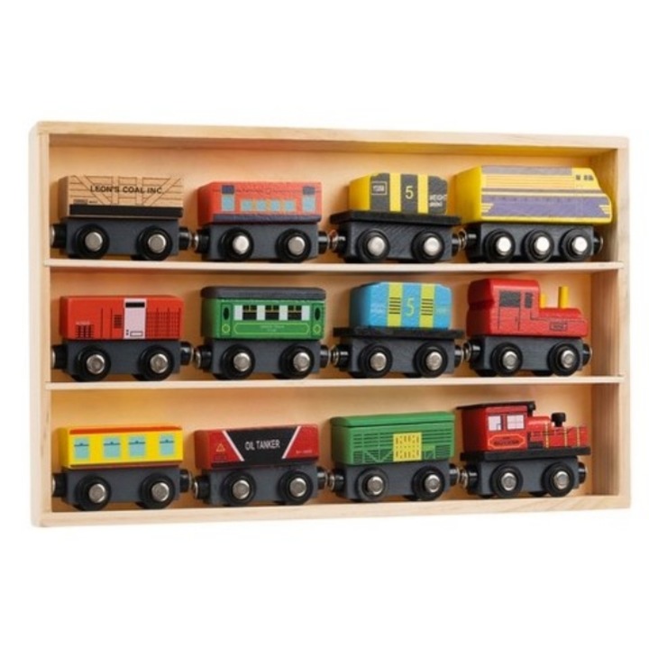 Комплект 12 дървени влакчета CLASStitude, магнитна приставка, 3 локомотива, 9 вагона, развива въображението, мисленето, Многоцветен