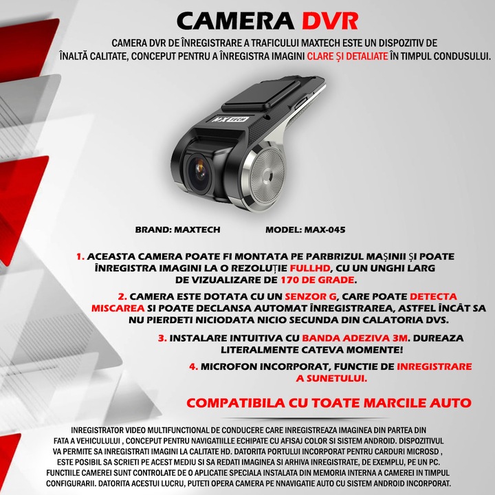Camera DVR inregistrare trafic FulllHD, 170 grade, MaxTech®, Night Vision, afisaj pe navigatie/monitor, G-senzor, slot card microSD, USb, pentru toate marcile auto VW/Skoda/Seat/Mercedes/Fiat/Audi/BMW