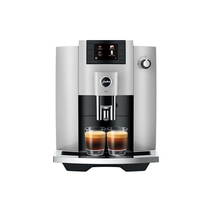 Автоматична еспресо машина JURA E6 Platin (EC), Професионална мелничка за Aroma, 11 напитки, 2.8" цветен дисплей с бутони, 3 вида екстракция, накрайник Easy Cappuccino, сребрист
