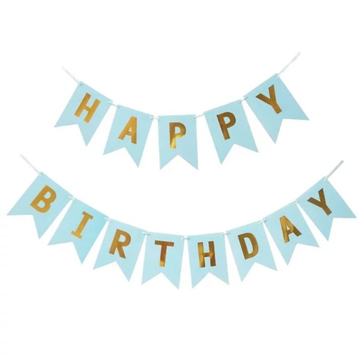 Banner Happy Birthday, Ghirlanda, 2.5m x 17cm, Albastru deschis, Ropet