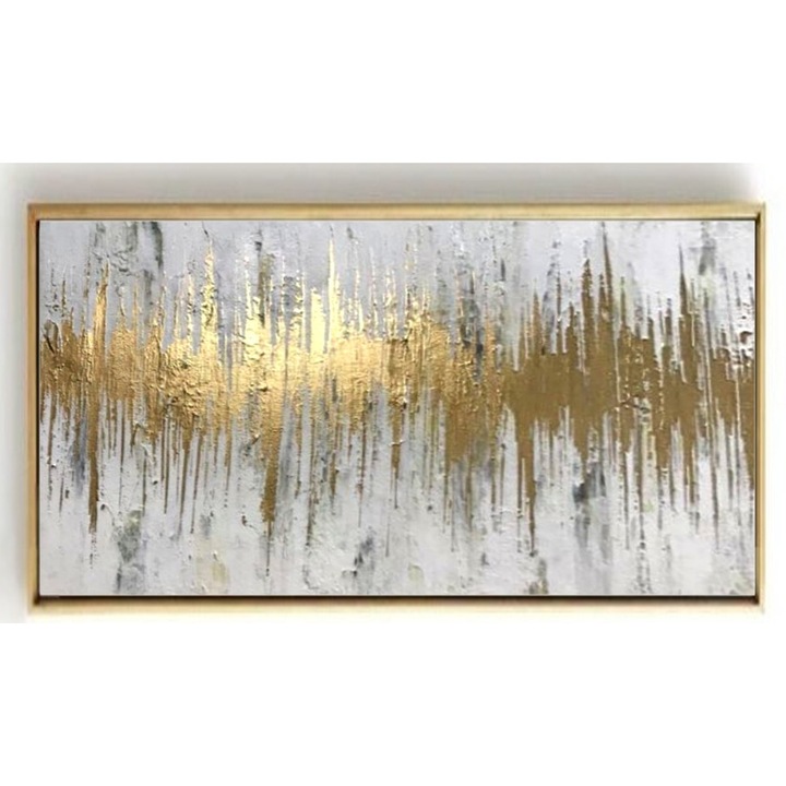 Tablou abstract, pictura in cutit ulei pe panza, foita de aur, unde aurii 120 x 80 cm