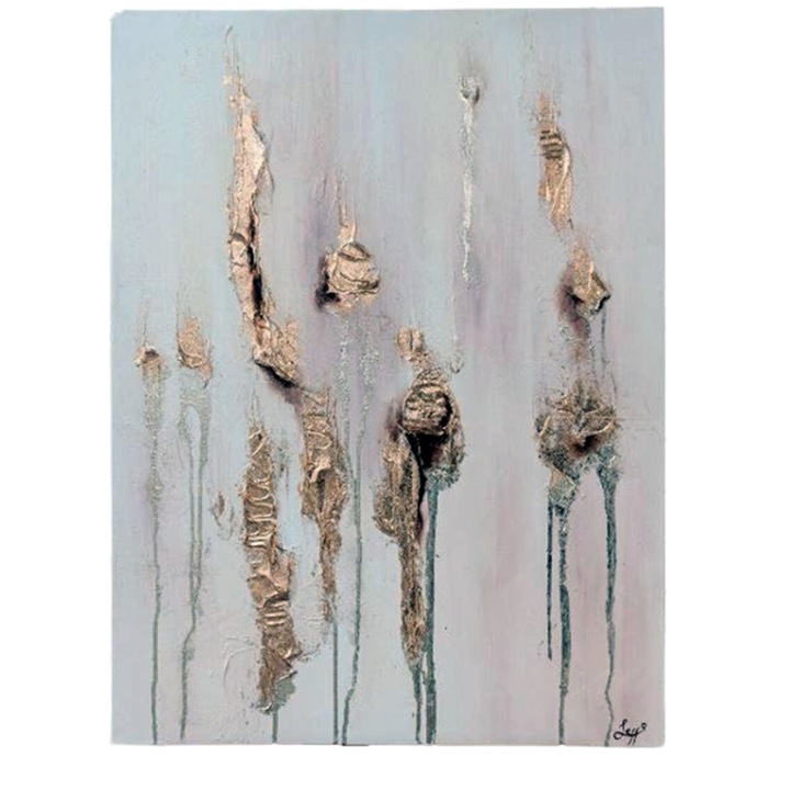 Tablou abstract, pictura in cutit ulei pe panza, foita de aur, Trecut, modelaj, 120x80cm