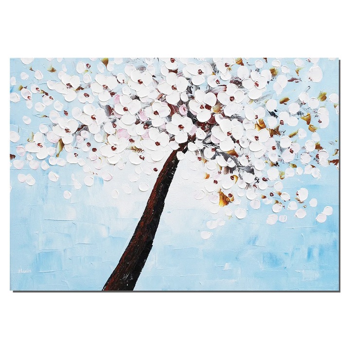 Tablou pictat manual living, hol, birou, Copacul vietii, fericire, 70x50cm ulei pe panza in cutit efect 3D