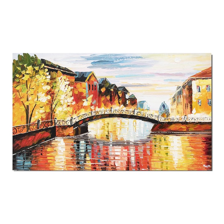 Tablou Paris, pod peste Sena pictat manual, 100x60cm ulei pe panza in cutit efect 3D