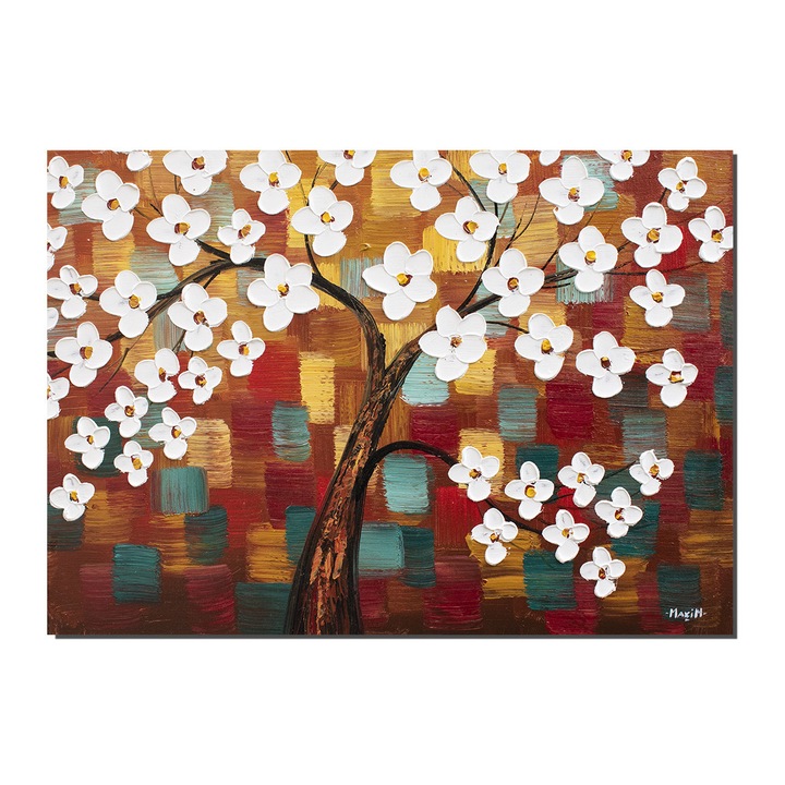 Tablou pictat manual living, hol, birou, Copacul vietii, bucurie, 70x50cm ulei pe panza in cutit efect 3D