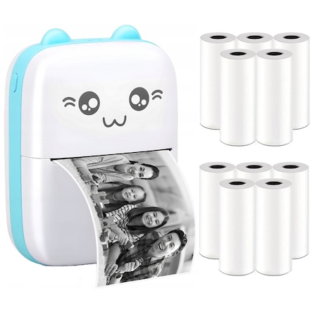 Mini imprimanta termica GALAXIA®, cu 10 role hartie termica, Bluetooth, Compatibil iOS / Android, Imprimare APP, 1200 mAh, Alb/albastru