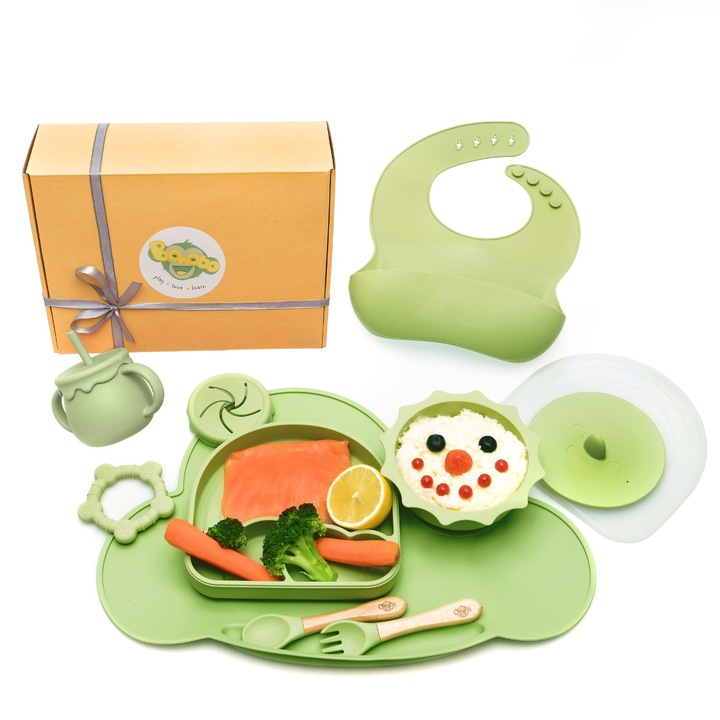 Set 12 piese de hranire pentru bebelusi si copii, Bonobo, din silicon premium, ambalat in cutie de cadou cu fundita, Verde Olive