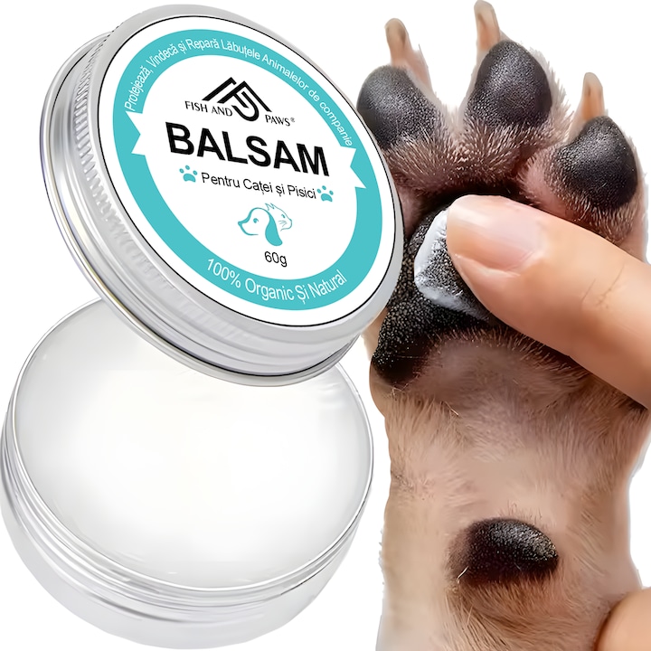 Balsam hidratant pentru caini si pisici Fish & Paws ®, cu o formula 100% naturala si organica, ingrijire cu uleiuri esentiale, protejeaza eficient labutele si nasul animalelor de companie indiferent de sezon, 60g