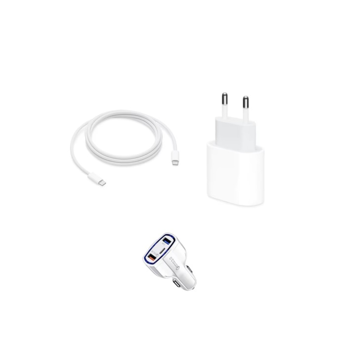 Pachet, Incarcator Fast Charge Apple 20W pentru iPhone 15,15pro, 15 Pro Max, ipad pro-2019, Cablu de date 2m USB-C - USB-C, Adaptor fast auto 7A, QUANDES®