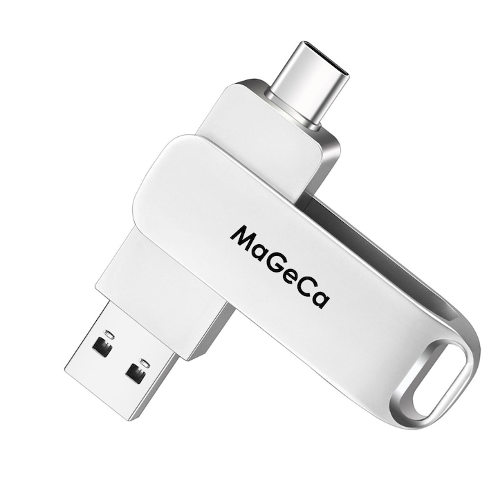 MaGeCa 128 GB fém Memory Stick, 2 az 1-ben, 360°-ban forgatható, USB 3.0/ USB Type-C, 80 MB/s adatátviteli és olvasási sebesség, ezüst színű