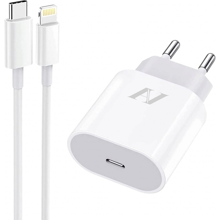 Set Incarcator Telefon Aurov®, Incarcare rapida Tip-C 20W, Adaptor si cablu de date Lightning compatibil cu Apple iPhone 14 / 14 Pro / 14 Pro Max / 13 / 13 Pro / 13 Pro Max / 12 / 12 Pro / 12 Pro Max 11 / 11 Pro / 11 Pro Max / XS Max / XS / XR, 1M, Alb