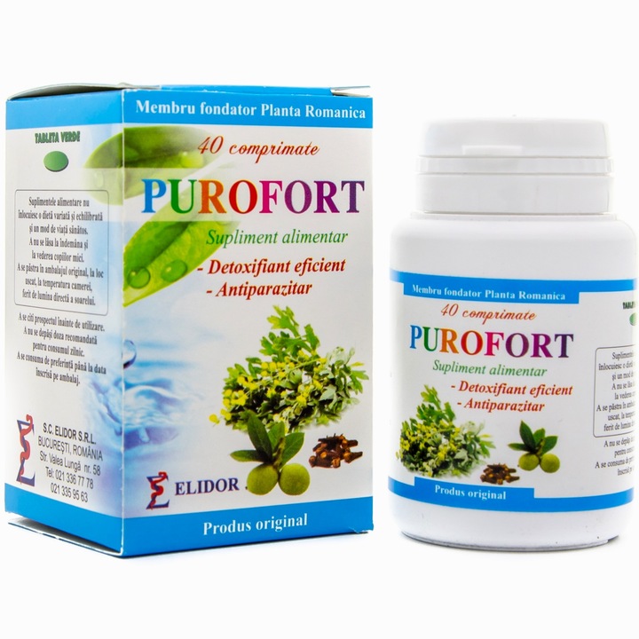 PuroFort "Detoxifiant eficient si Antiparazitar" din extracte de nuca verde, pelin si cuisoare, 40cp, Laboratoarele Elidor