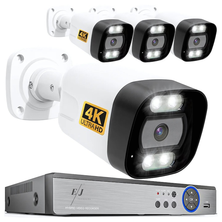 Kit complet supraveghere 4K cu DVR si 4 camere exterior, PK-8HB718, detectare faciala AI, audio bidirectional, vedere color noaptea, pana la 30m, PoE, IP66, alb