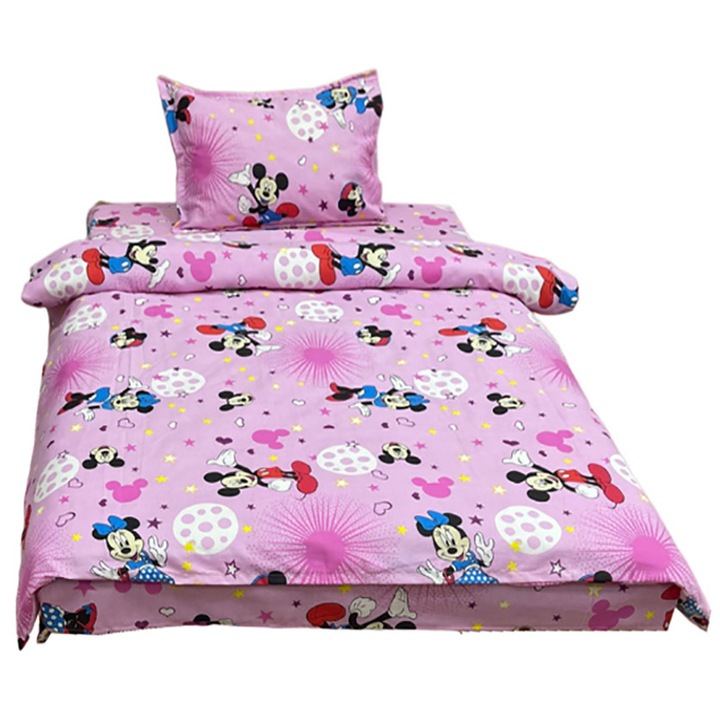Set lenjerie trei piese, pat single, roz, pentru saltea de 90cm, "Mickey si Minnie by Liz Line" din bumbac 100% - LS209