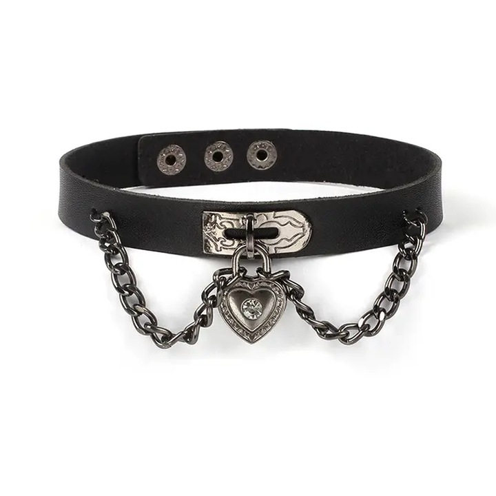 Lantisor choker din piele ecologica cu pandantiv lant si lacat in forma de inima