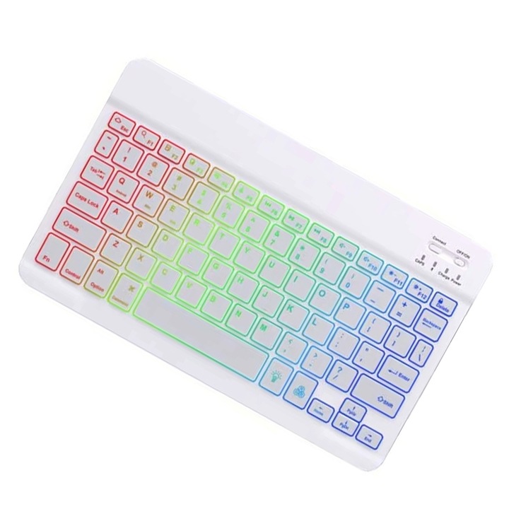 Bluetooth клавиатура, KINSI, Съвместима с Android/iOS/Windows, RGB цветна, 10'', Бяла