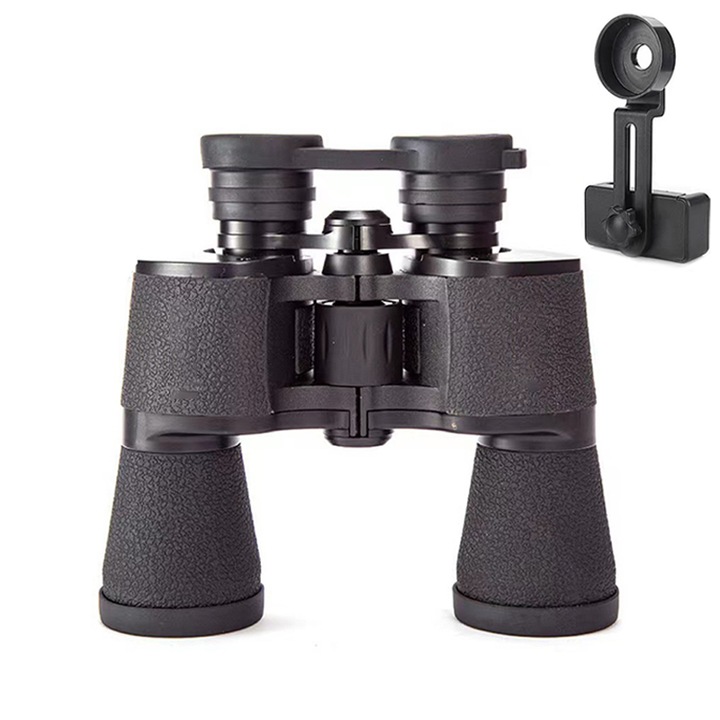 Távcső 20x50, KINSI, Éjszakai látás, 168m/1000m, Pupillák távolsága 56-72mm, Mobiltelefon tartóval, Fekete