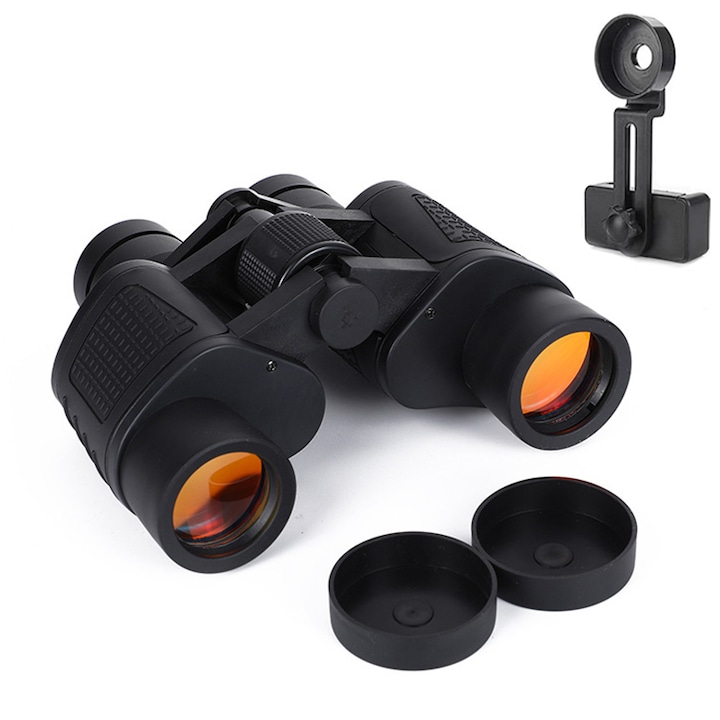 Бинокъл 10x50 Premium Prism BAK4 Lenses, KINSI, Night Vision, 168m/1000m, с държач за мобилен телефон, черен