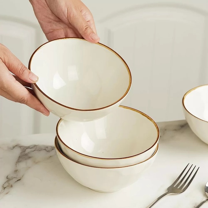 Set 4 farfurii adanci, farfurii ceramica glazurata bej cu margini maro aurii, 15x7.5 cm, Callena Belle Époque