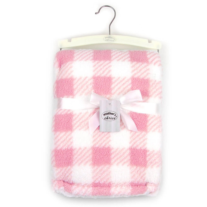 Bolyhos takaró babáknak, 76 x 102 cm, rózsaszín kockás mintával