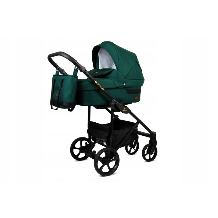Детска количка BabyLux 4 в 1 TRAILUX, Bottle Green, Дълбока, Реверсивно столче за кола ISOFIX База, Алуминиева рамка
