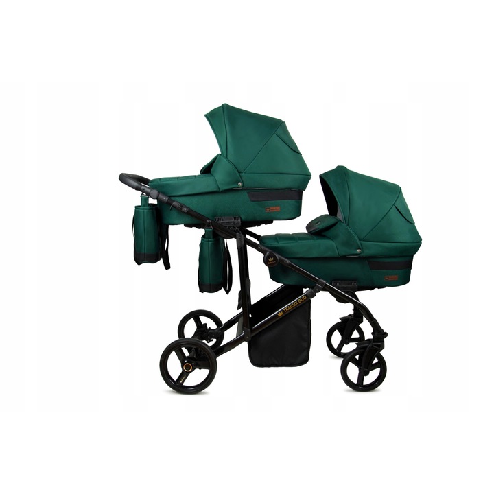 Carucior multifunctional 3 in 1 BabyLux TRAILUX DUO ALU pentru gemeni/frati - Verde sticla, tesaturi exclusive, siguranta maxima