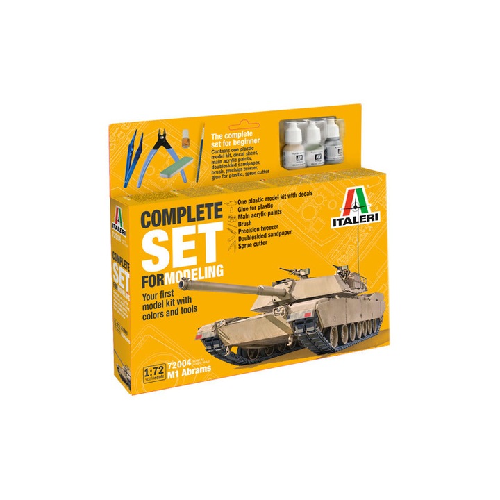 Kit de construit tanc M1 Abrams, Lungime 14 cm, Scara 1:72, vopsea, pensula, cleste, pila abraziva, penseta si adeziv incluse, 14+