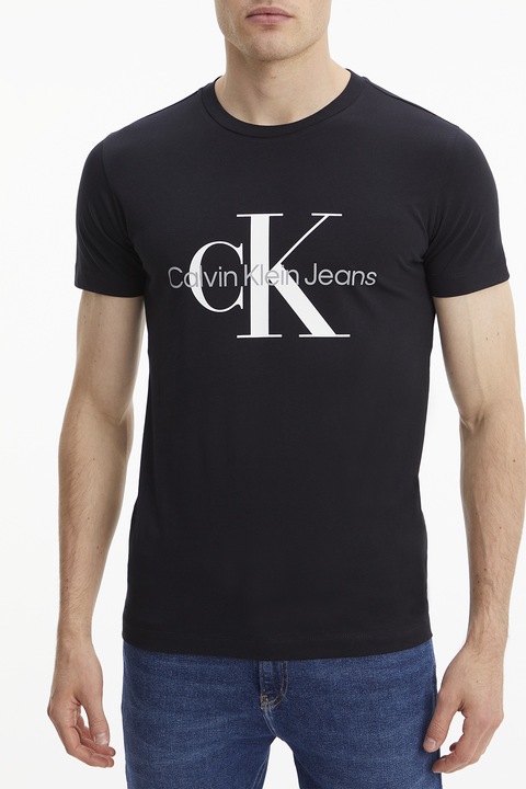 CALVIN KLEIN JEANS, Tricou slim-fit cu imprimeu logo, Negru stins/Alb murdar
