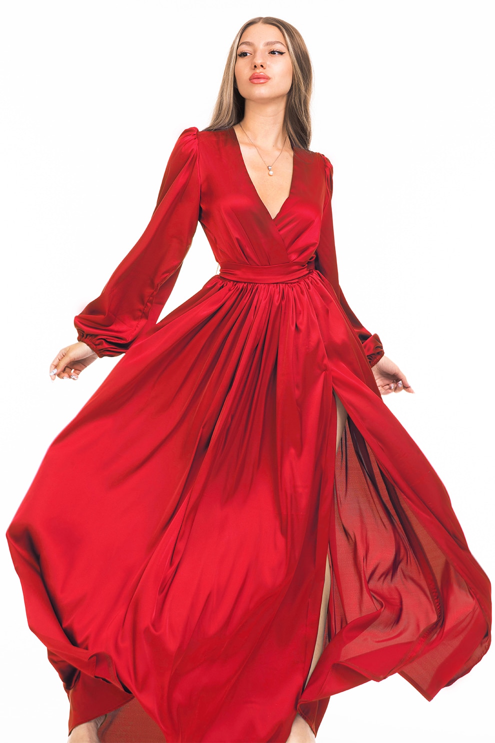 CAMISSI, Rochie maxi evazata cu slit si model petrecut, Rosu, XL