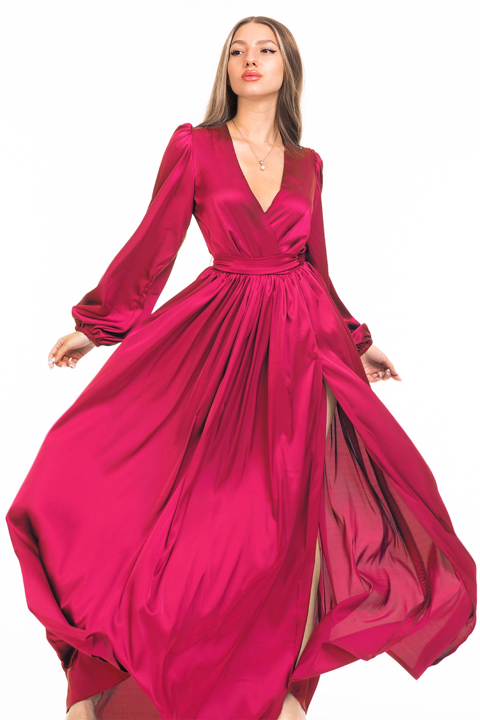CAMISSI, Rochie maxi evazata cu slit si model petrecut, Roz aprins, L