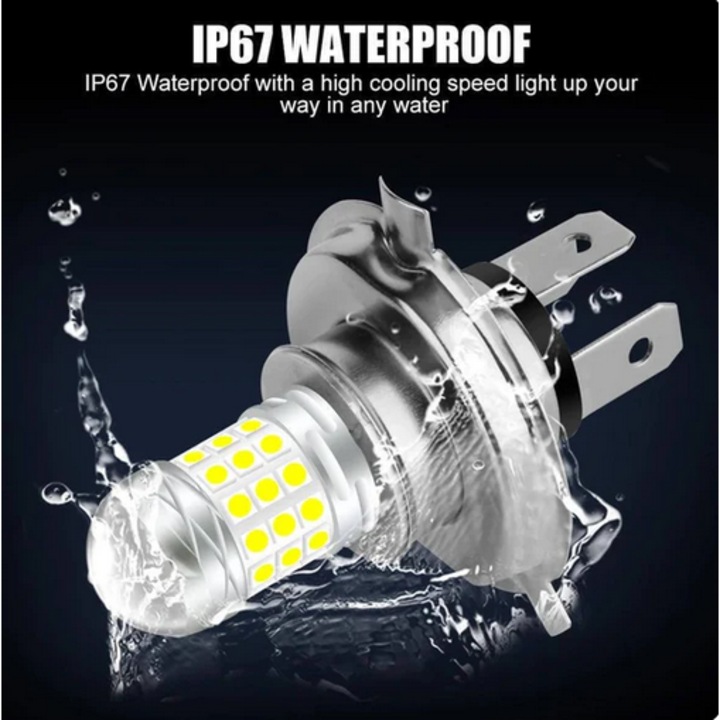 Set 2 becuri auto LED H4 cu doua faze cu lupa - 42 SMD 6000K - 10000LM - putere 120W